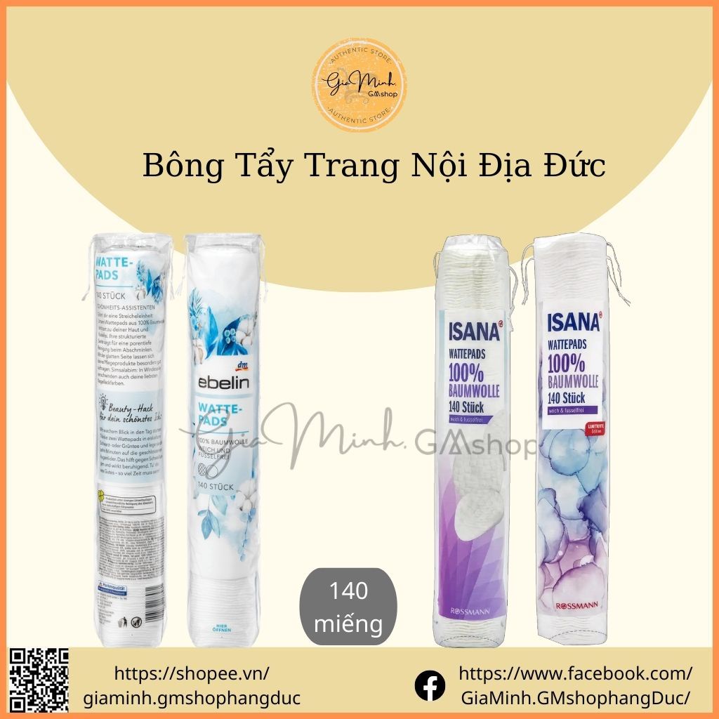 Bông Tẩy Trang 100% Cotton, Không Chứa Chất Tẩy Trắng, Mềm, Mịn ISANA, EBELIN 140 miếng - Nội Địa Đức