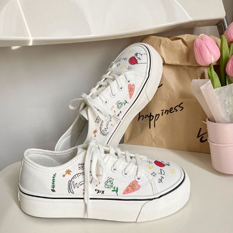 Giày Vải Canvas Màu Trắng Họa Tiết Nhí Vẽ Tay Xu Xiaonuo Dễ Thương  BM018-Molita