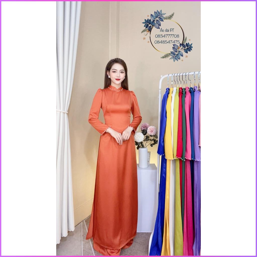 Áo Dài Chất Lụa Tây Thi Màu Cam - Áo Dài Trơn Tay Bồng Cao Cấp  - Shop PT
