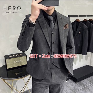 Bộ Vest Nam Cao Cấp Kẻ Sọc Xám, Suit Nam Thanh Niên Sọc Xám, Chất Vải Siêu Xịn, Fom Ôm Đẹp