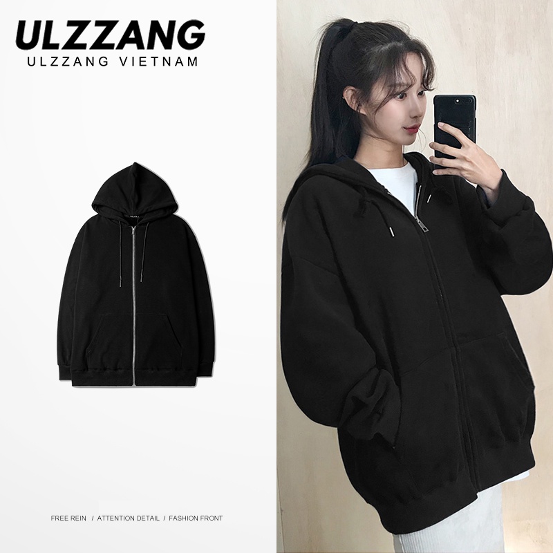 Áo hoodie zip ULZZANG unisex trơn chất liệu nỉ lót bông freesize