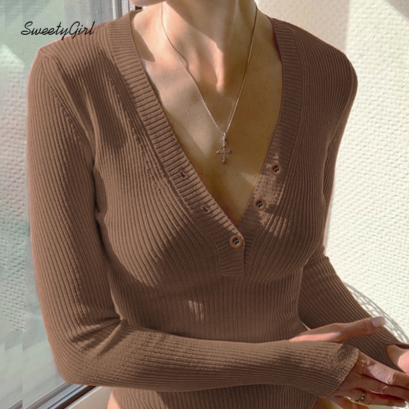 MsMona Áo Liền Thân Dệt Kim Tay Dài Cổ Chữ V Màu Nâu Trơn Cài Nút Thời Trang 2022 Quyến Rũ Dành Cho Nữ