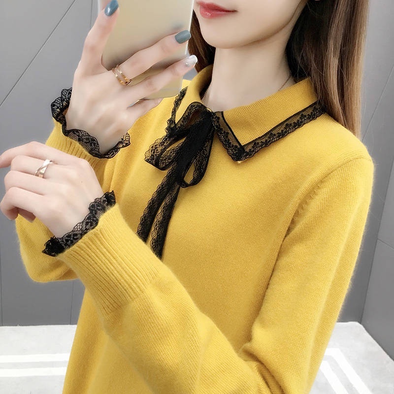 Áo Sweater Dệt Kim Cổ Phối Ren Thời Trang Xuân Thu Cho Nữ