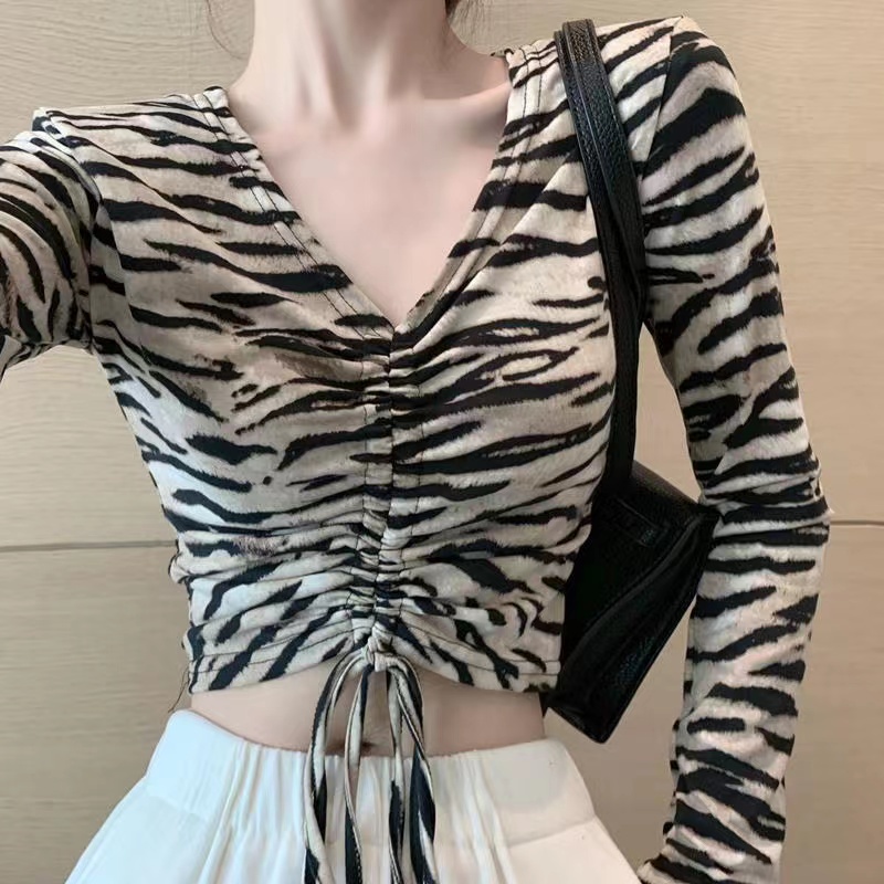 Áo croptop BH tay dài cổ chữ V in họa tiết da báo phối dây rút thời trang mùa