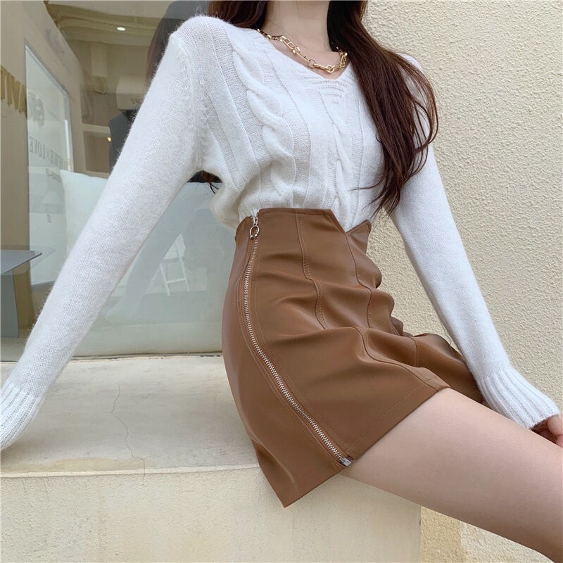 Quần Short Da PU Lưng Cao Dáng Ôm Có Khóa Kéo Thời Trang Thu Đông Cho Nữ