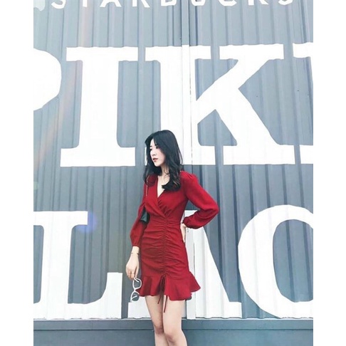 [11.11 Sale Freeship] Đầm tiểu thư nữ đi tiệc,đầm cổ V tay dài đuôi cá rút dây hông hai màu trắng đỏ kèm ảnh thật mtb