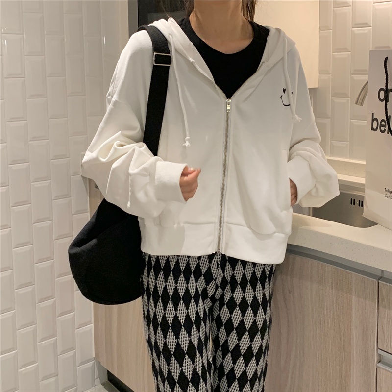 Áo khoác hoodie thể thao SUXI tay dài dáng rộng thêu họa tiết xinh xắn dễ phối đồ thời trang xuân thu cho nữ