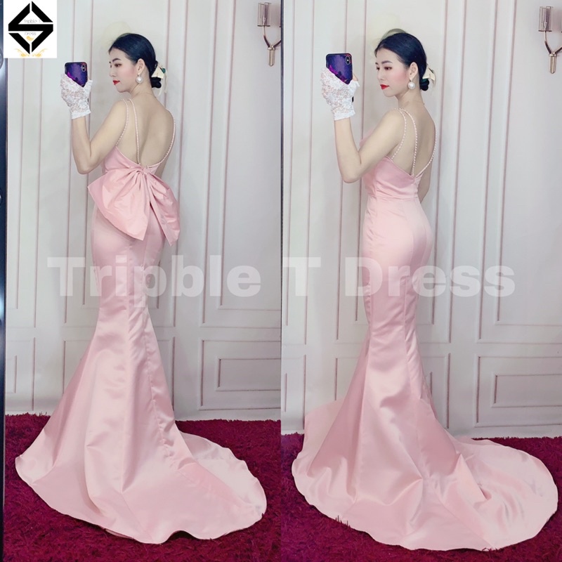 Đầm maxi body TRIPBLE T DRESS mặc cưới đi bàn đuôi cá hở nơ lưng - size S/M/L -MS238Y