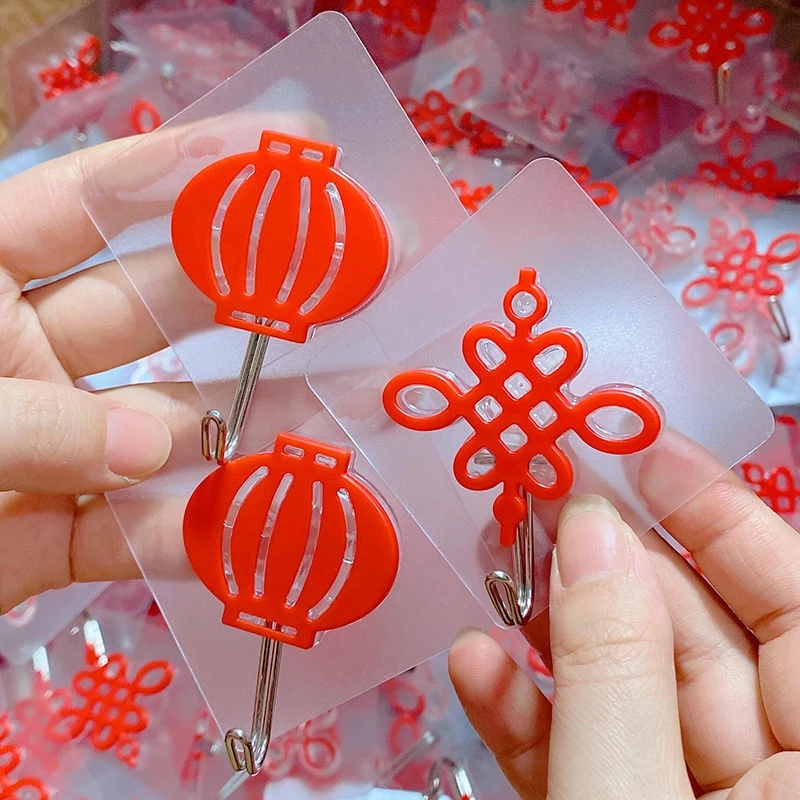 Móc Treo Đồ Dán Tường / Kính Không Để Lại Dấu Vết Màu Đỏ Phong Cách Trung Hoa Trang Trí Năm Mới