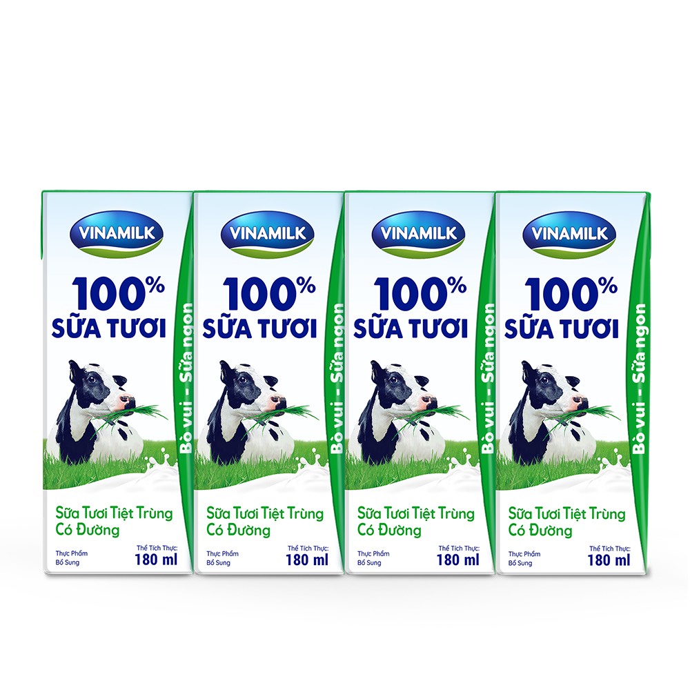 LỐC 4 HỘP SỮA TƯƠI TIỆT TRÙNG VINAMILK 100% TÁCH BÉO CÓ ĐƯỜNG 180ML