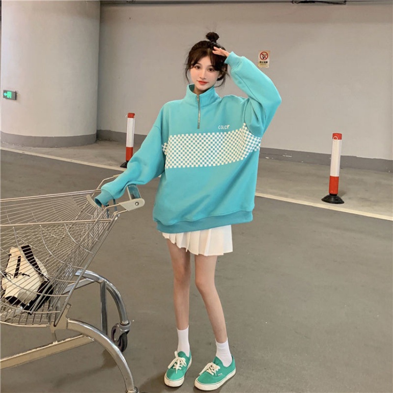 Áo Sweater Cổ Polo Dáng Rộng Họa Tiết Kẻ Sọc Thời Trang Xuân Thu 2022 Mới Cho Nữ