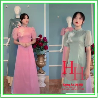 Áo dài cách tân nữ tay ngắn bồng cổ bản nhỏ đính hạt ad07