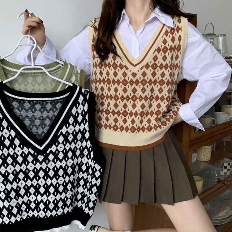 Áo Dệt Kim Sát Nách Cổ Chữ V Màu Sắc Tương Phản Phong Cách Hàn Quốc Thời Trang Cho Nữ OOP192