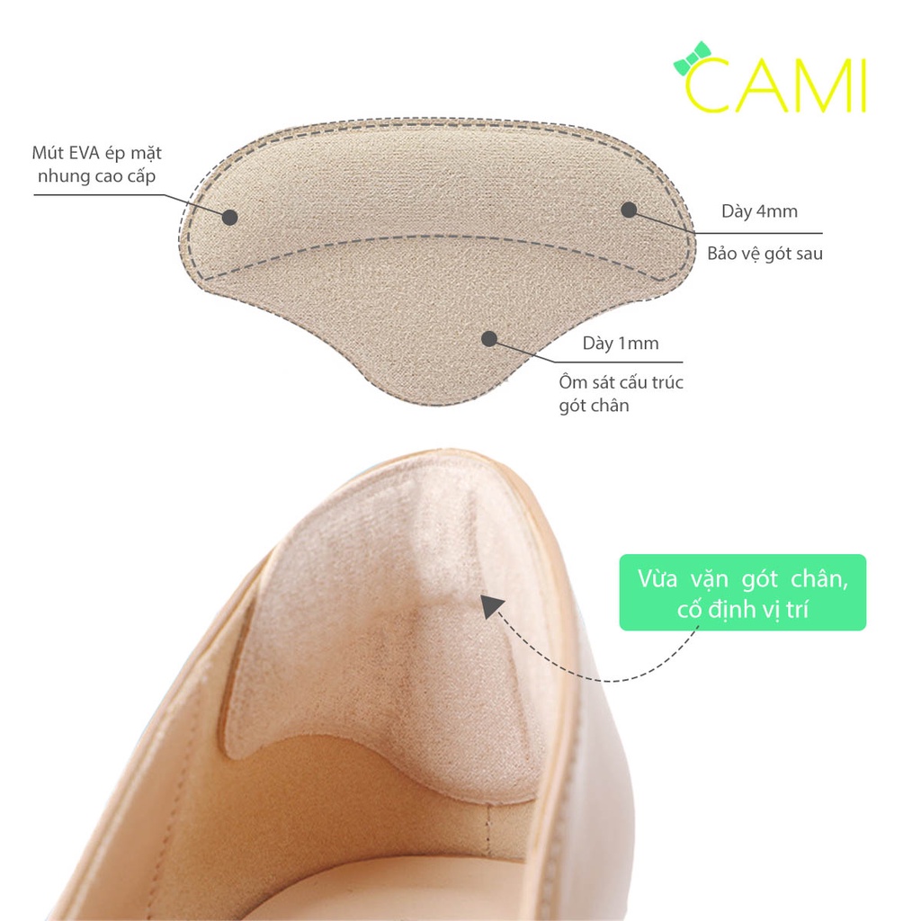 Lót giày cao cấp mặt nhung có keo dán cố định giúp giảm size, chống trầy gót chân khi mang giày - Cami - CMPK279