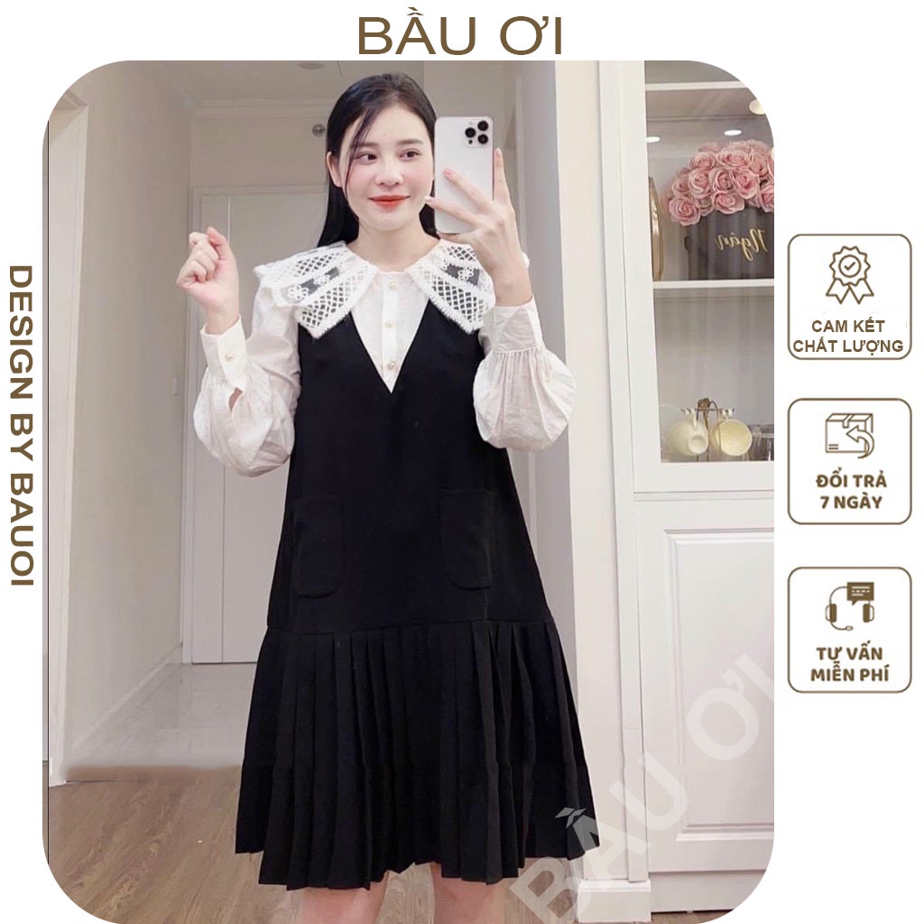 [BAUOII V137] VÁY ĐẦM BẦU THỜI TRANG CỔ SƠ MI REN ĐẸP - ĐẦM BẦU THU ĐÔNG TIỂU THƯ SANG CHẢNH DÀI TAY DÁNG SUÔNG XẾP LY