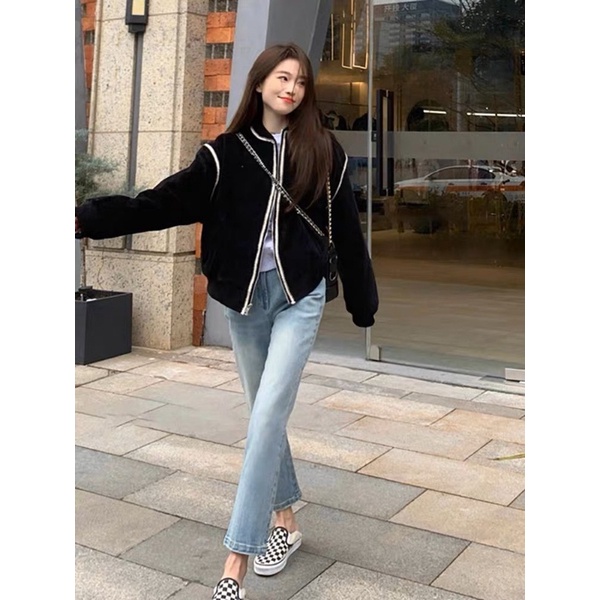 ANU200 - ÁO KHOÁC BOMBER NỮ DA LỘN MÀU ĐEN VIỀN DÂY