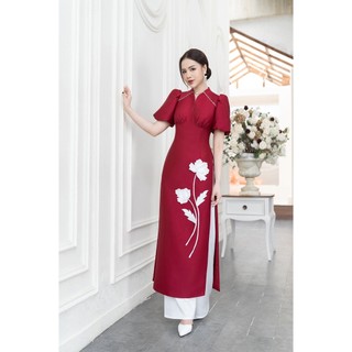 Áo dài cách tân đỏ tay bồng điệu đà chất liệu tafta cao cấp đính hoa thủ công