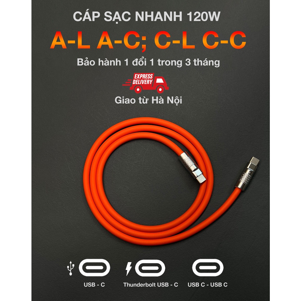 Cáp sạc nhanh 120W siêu bền - ĐỦ CÁC CỔNG KẾT NỐI - Bảo hành 6 tháng !