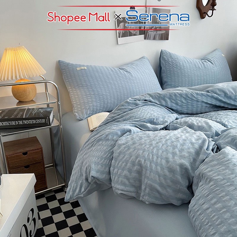 Bộ Ga Nệm Cao Cấp 5 Món Tici Kẻ Sọc SERENA MATTRESS Chuẩn Khách Sạn Chăn Ga Ra Gối Đệm Niệm Drap Grap Giường Chính Hãng