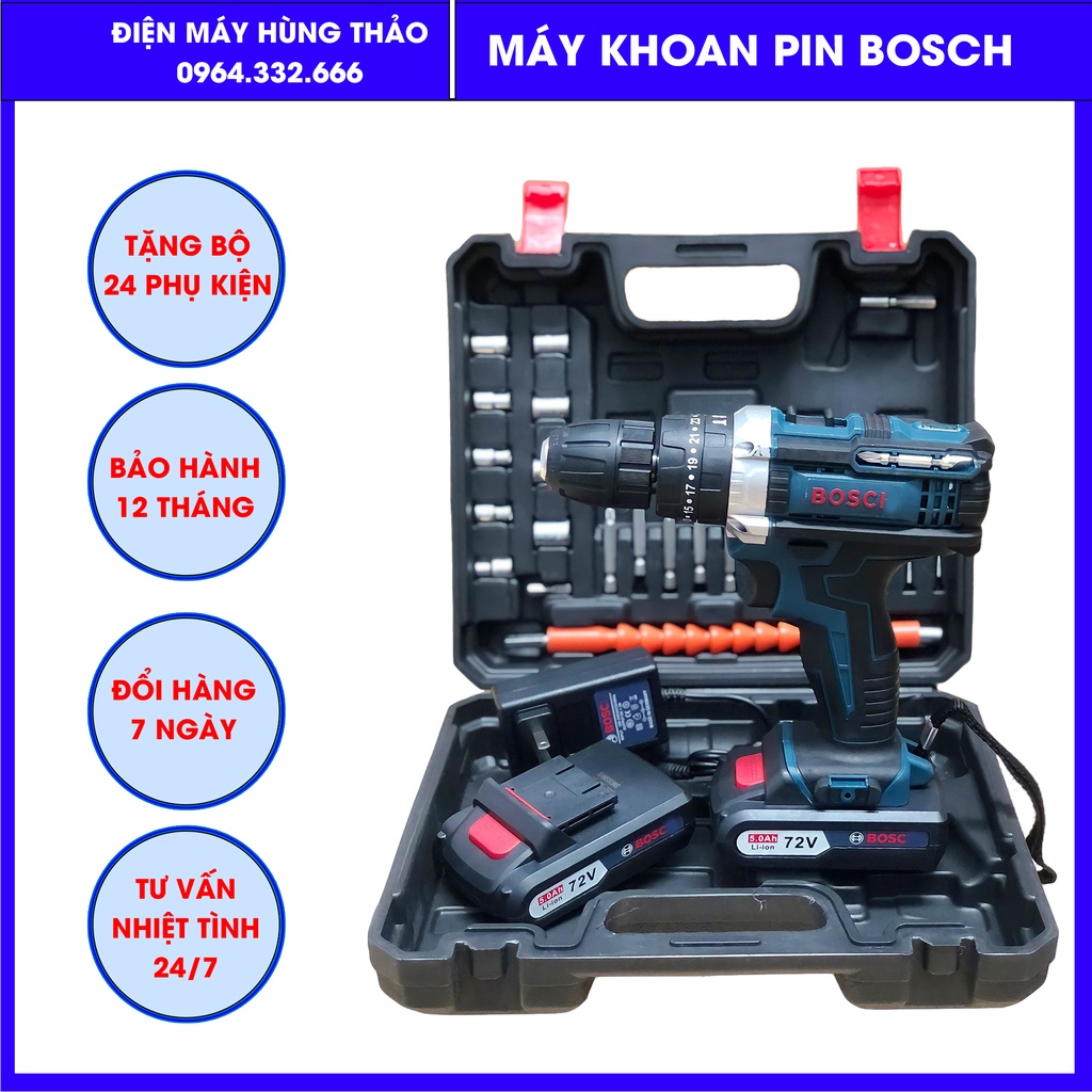 Máy khoan pin, máy khoan Bo.sch 72V có búa 3 chức năng, May ban vit Tặng bộ phụ kiện 24 chi tiết, bảo hành 12 tháng