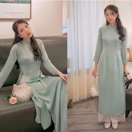 Áo Dài truyền thống dáng lửng fom xuống đính ngọc mã KD012