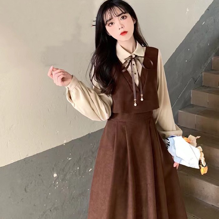 Váy đầm tiểu thư chất corduroy phối twill dày dặn nhiều màu liền mảnh kiểu Pháp | BigBuy360 - bigbuy360.vn