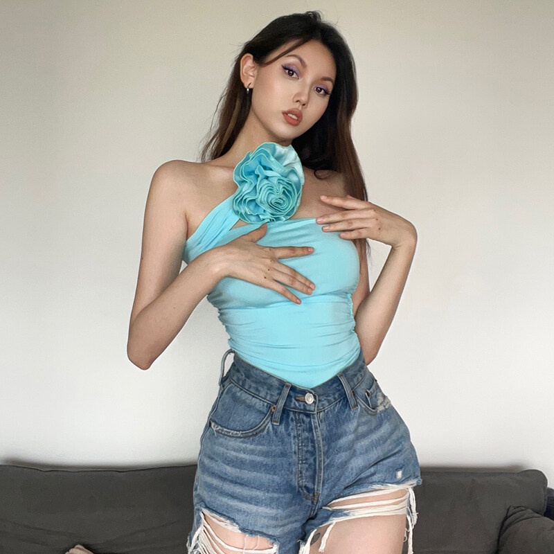 Áo kiểu ống KLIOU không tay trang trí bông hoa thời trang mùa hè 2022 mới dành cho nữ