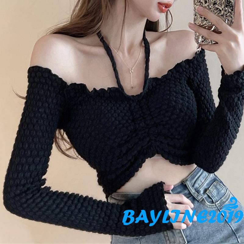 Áo Croptop Trễ Vai Tay Dài Màu Sắc Đơn Giản Cho Nữ