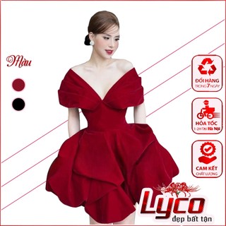 Đầm nhung đỏ trễ vai cánh tiên chân váy bồng bềnh dáng tiểu thư Lyco đẹp bất tận chuyên hàng thiết kế