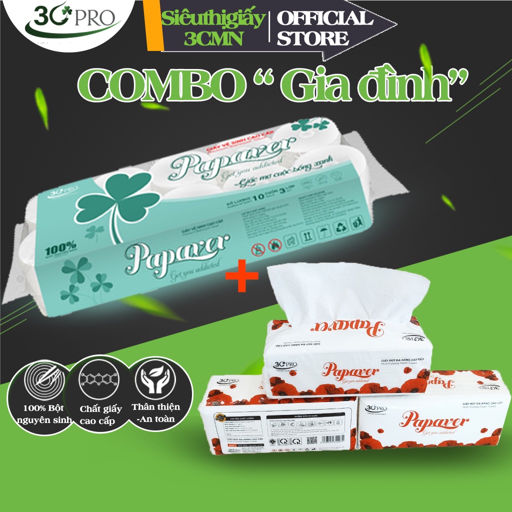 Combo 1 lốc Giấy vệ sinh 10 cuộn và 5 bịch Khăn giấy đa năng PAPAVER, Giấy 3CPRO 100% bột nguyên sinh nhập khẩu