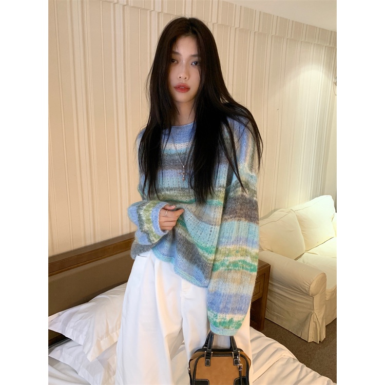 Áo dệt kim mềm tay dài dáng rộng họa tiết màu nhuộm trẻ trung thời trang mùa thu cho nữ