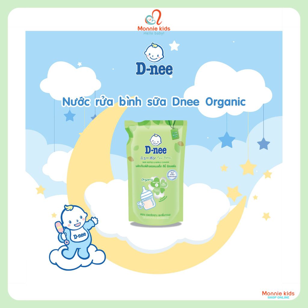 Nước rửa bình sữa cho bé Dnee Organic; nước rửa bình chiết xuất lô hội túi 600ml - Monnie Kids
