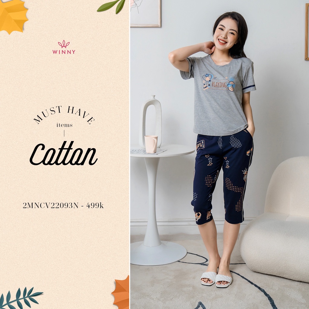 [CHÍNH HÃNG] Bộ mặc nhà cotton Wonnerful by WINNY thấm mồ hôi - Bộ đồ ngủ nữ áo cộc tay quần lửng 22093