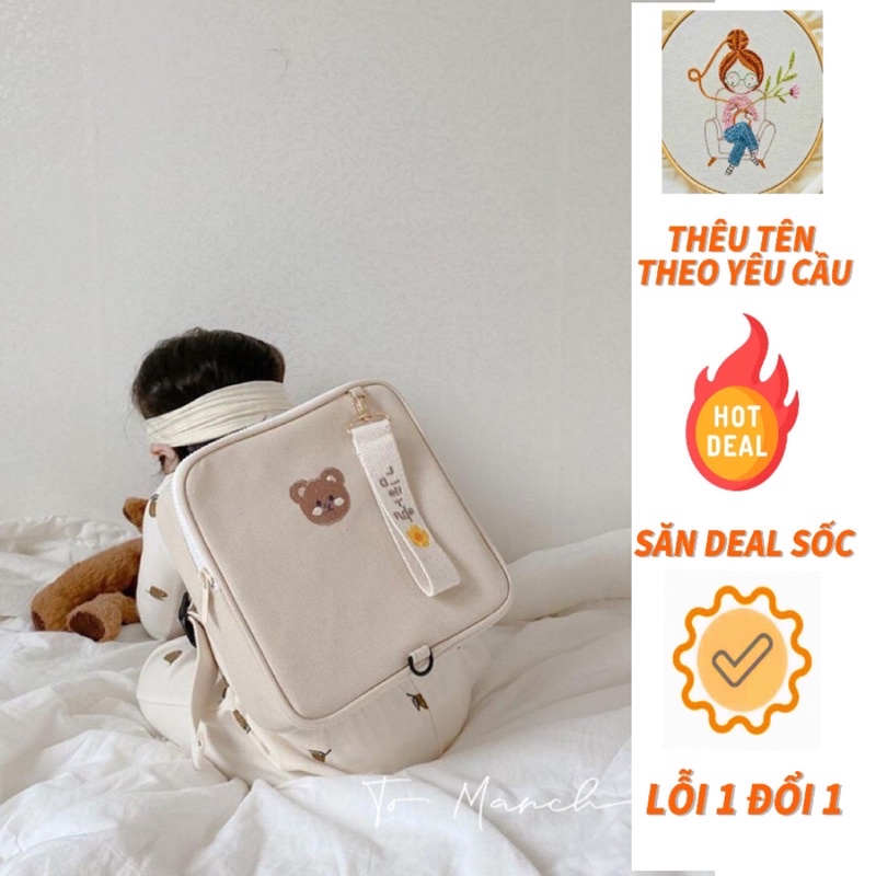 🐻 Balo Hàn Quốc Thêu Gấu Kèm Tag Cho Bé Kèm Dây Chống Lạc -Ba lô Thêu Tên Theo Yêu Cầu