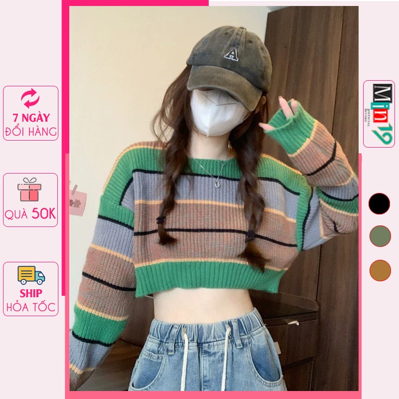 Áo Len Croptop Tay Dài MIN19 Áo Len Nữ Hàn Quốc Kiểu Kẻ Ngang Cổ Tròn Form Rộng Bigsize Màu Trắng Đen Be Thời Trang