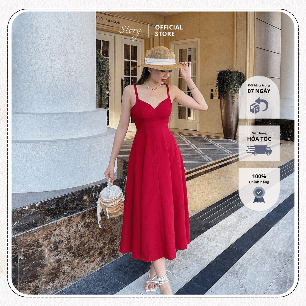 STORY Đầm Meiji đỏ dự tiệc 2 dây tùng xoè Story.clothes thời trang nữ
