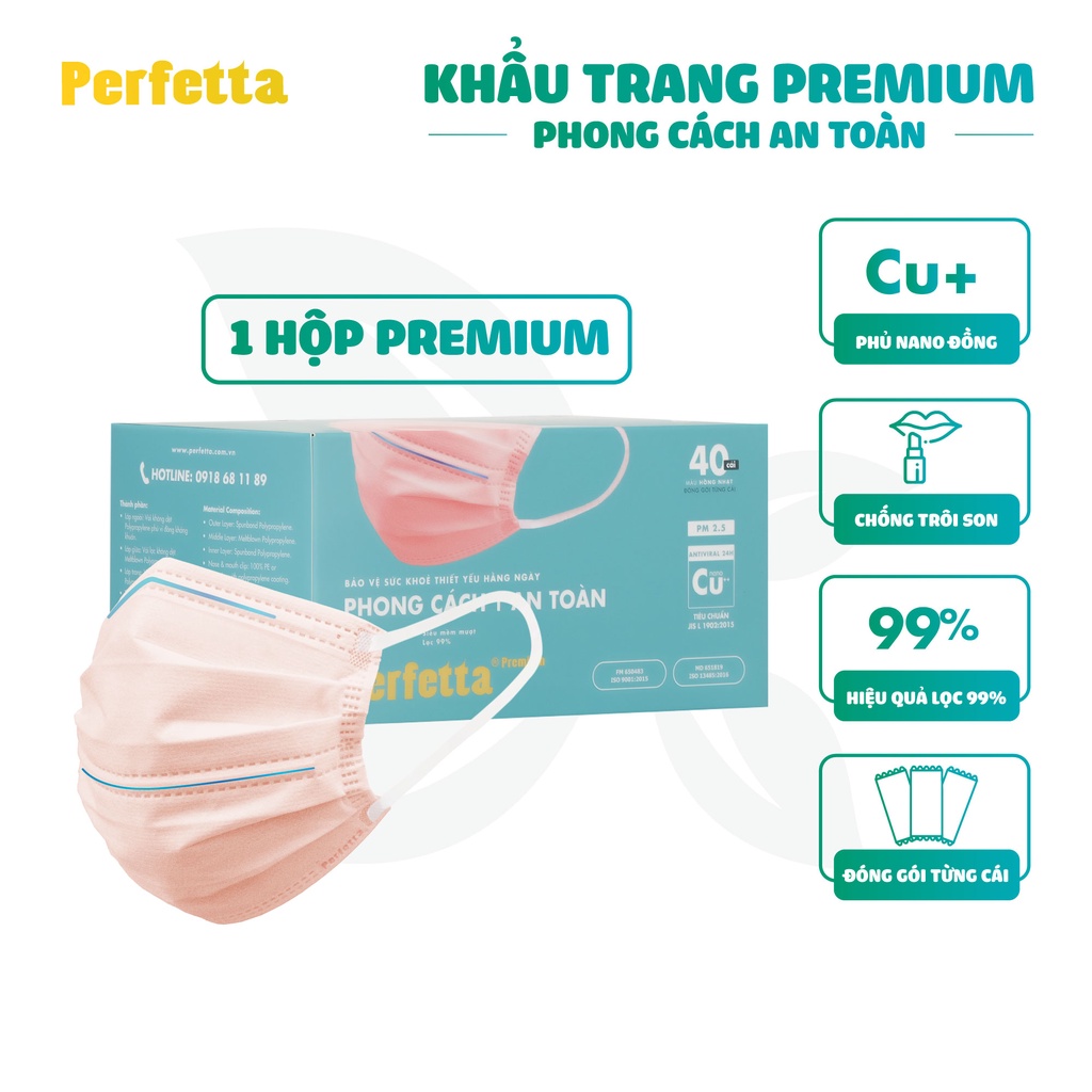 Khẩu trang y tế 3 lớp Perfetta Premium cao cấp hai thanh mũi miệng phủ Nano đồng (40 cái/hộp)