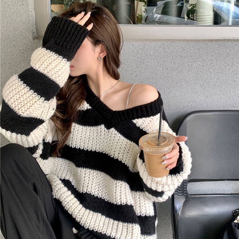 IELGY Áo Len Cổ Chữ V Dáng Rộng Họa Tiết Kẻ Sọc Phong Cách Hàn Quốc Thời Trang Cho Nữ