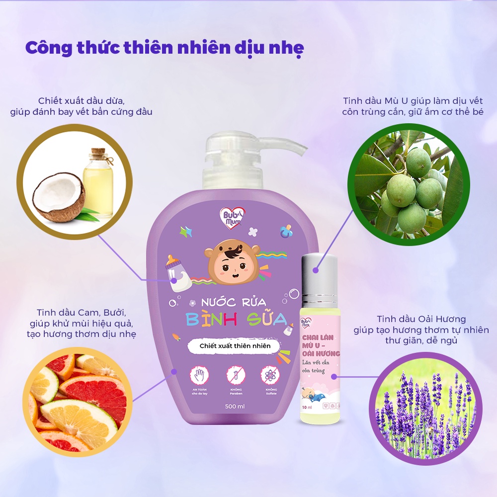 Combo Nước Rửa Bình Sữa Thiên Nhiên 500ml Và Chai Lăn Tinh Dầu Mù U - Oải Hương 10ml BuB&MuM