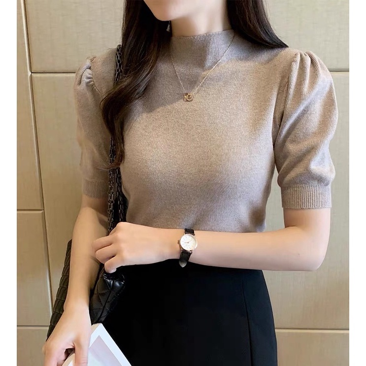 Áo len tay bồng nữ cổ lọ tay ngắn dáng ôm hàng dệt kim lông thỏ mềm mịn phong cách Hàn Quốc trẻ trung