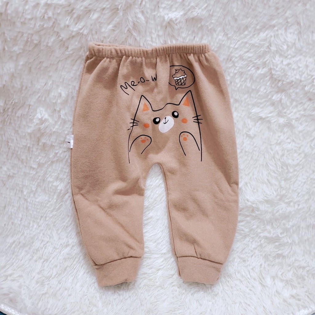 Quần dài rời nhí bo ống mùa đông vải nỉ nhung lông mềm mại dày dặn co giãn in mông thú cho bé trai gái 5-12.5kg