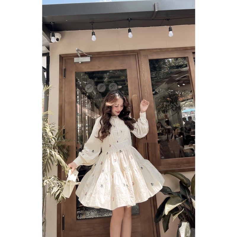 Đầm hoa nhí linen dáng tầng vintage