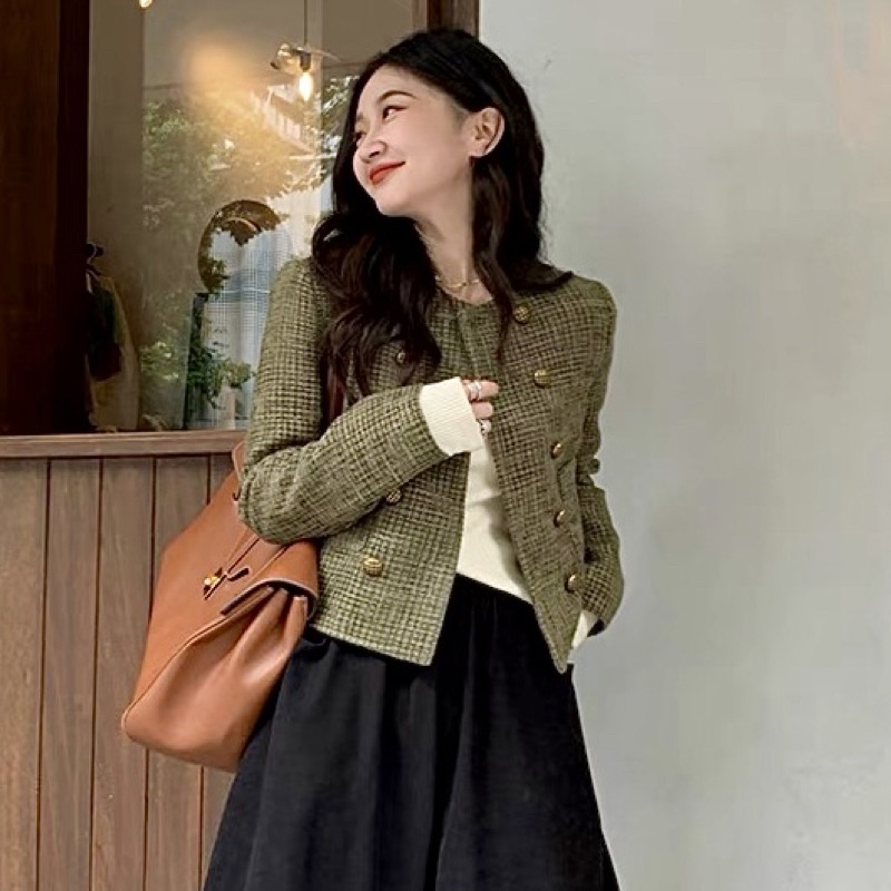 Áo khoác dạ cúc bọc - Áo khoác dạ xanh rêu hàng Quảng Châu cao cấp