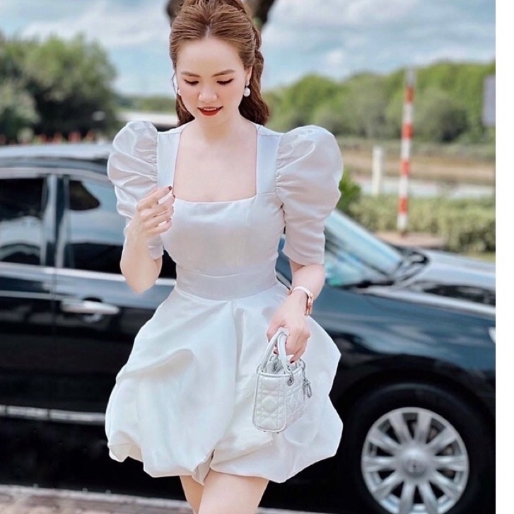 Váy nữ trắng đầm dự tiệc tay bồng dáng xoè sexy siêu xinh