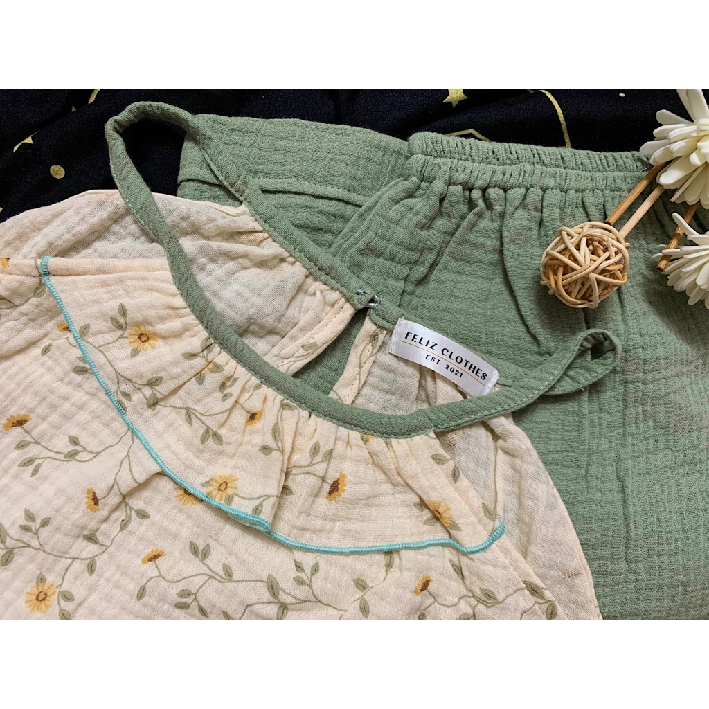Đồ ngủ yếm xô muslin hoa dây vàng cực đáng yêu