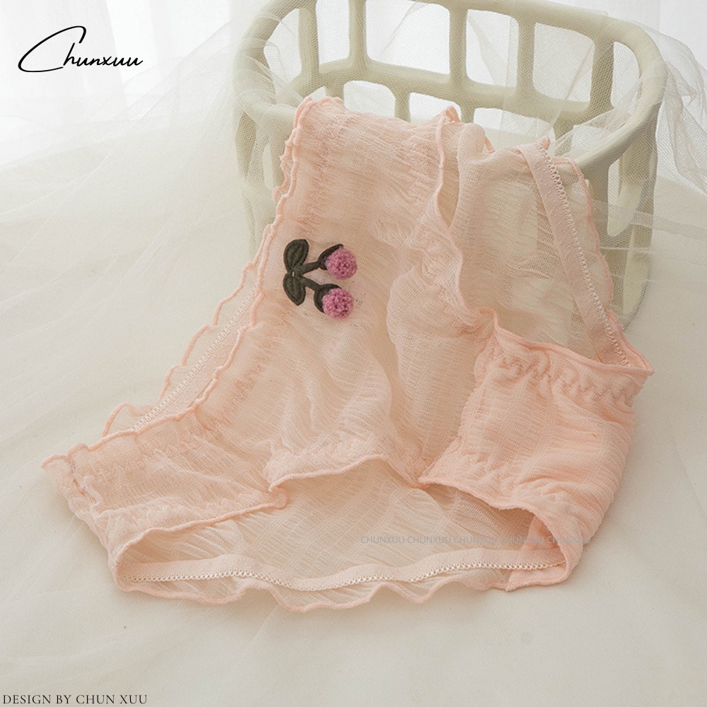Quần lót nữ ren voan gân bèo phối nơ họa tiết dễ thương Chun-QC135