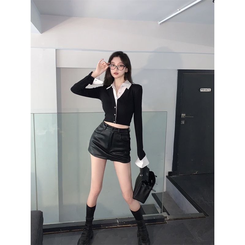 Cocory vn Áo Sơ Mi Nữ Tay Dài Dáng Ôm Màu Tương Phản Thời Trang