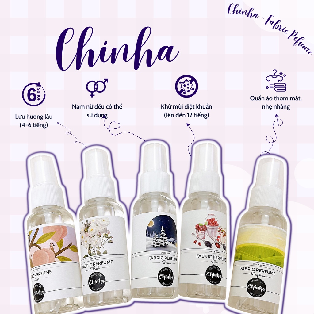 Xịt vải khô hương nước hoa xịt thơm quần áo Chinha thơm lâu, kháng khuẩn dung tích 50ml