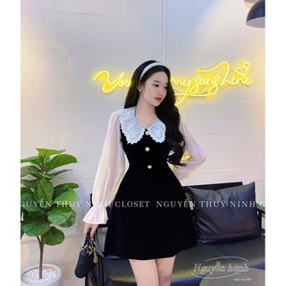 ĐẦM NHUNG CỔ TAY PHỐI TRẮNG