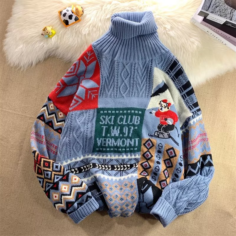 ✦ AFFLIGA ✦Áo Sweater Cổ Cao In Họa Tiết Hoạt Hình Giáng Sinh Thời Trang Mùa Đông 3 Màu Lựa Chọn Cho Nam